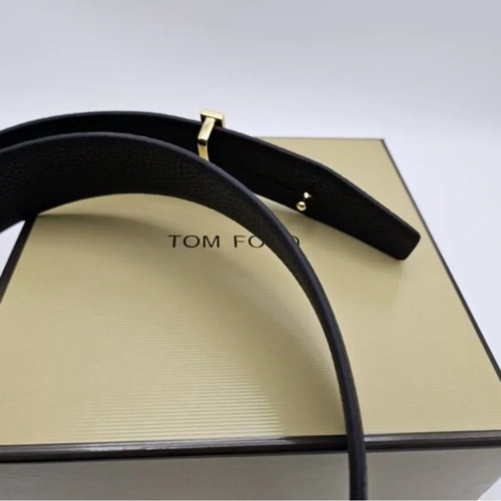 Tom Ford Black Leather Belt with Gold Buckle